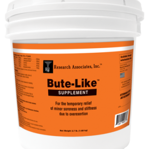 An orange bucket fill with Bute Like Supplement great For the temporary relief of minor soreness and stiffness due to overexertion.